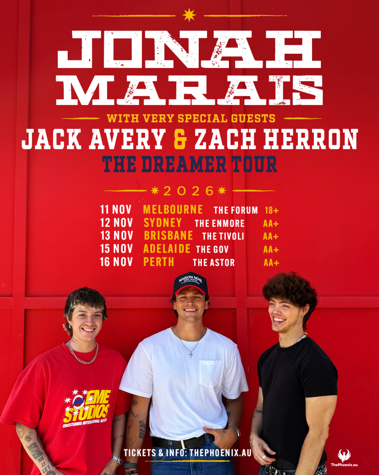 Tour poster for Jonah Marais featuring Jack Avery and Zach Herron on a red background for The Dreamer Tour 2026 in Australia.